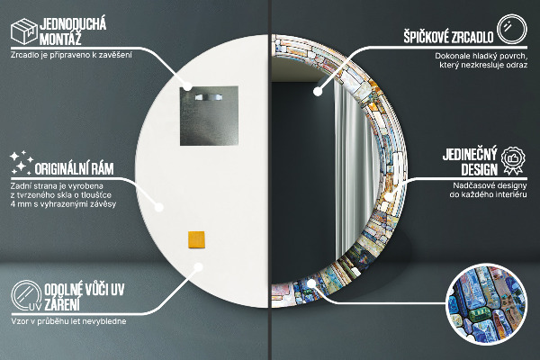 Ronde wandspiegel met print Abstract glas in lood