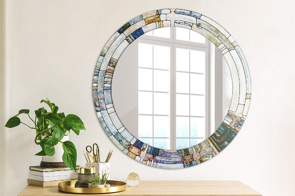 Ronde wandspiegel met print Abstract glas in lood