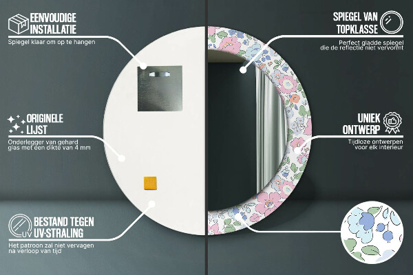 Ronde spiegel met decoratie Gevoelige bloemen