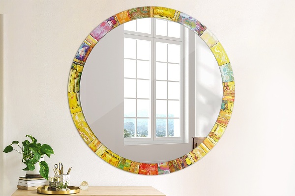 Ronde wandspiegel met print Kleurrijk glas-in-lood