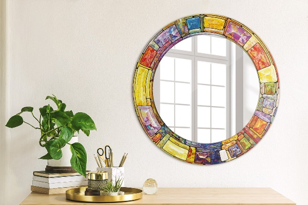 Ronde wandspiegel met print Kleurrijk glas-in-lood