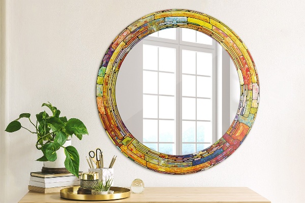 Ronde wandspiegel met print Kleurrijk glas-in-lood