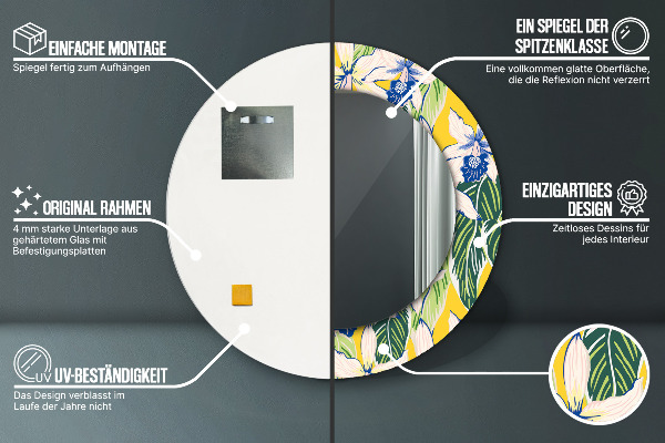 Bedrukte ronde spiegel Blauwe en gele orchideeën