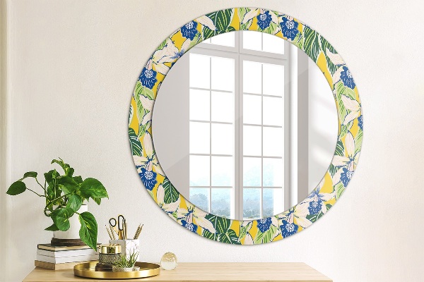 Bedrukte ronde spiegel Blauwe en gele orchideeën