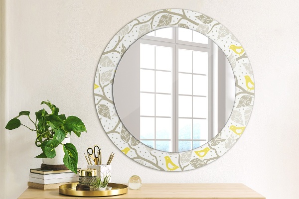 Ronde wandspiegel met print Gele vogels op de takken