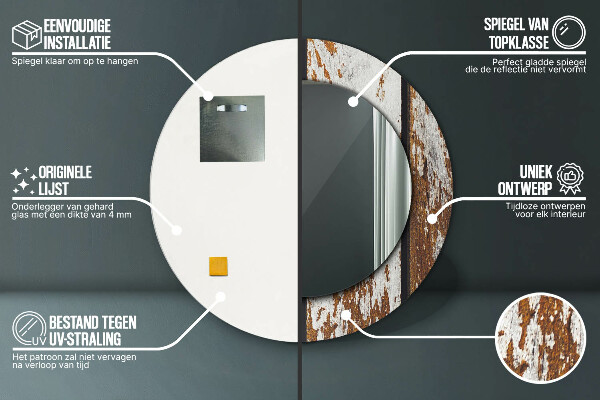 Ronde wandspiegel met print Vintage donker hout