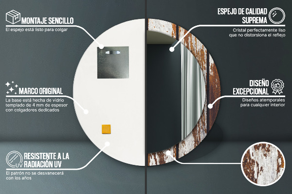 Ronde wandspiegel met print Vintage donker hout