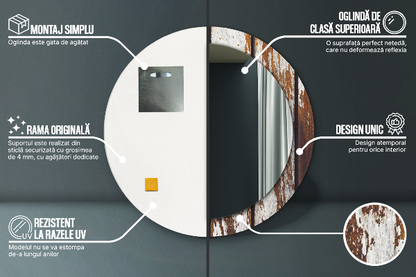 Ronde wandspiegel met print Vintage donker hout