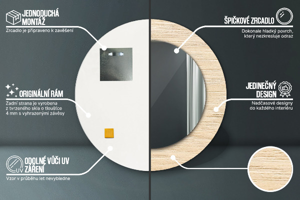 Bedrukte ronde spiegel Licht hout
