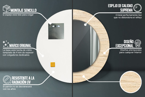 Bedrukte ronde spiegel Licht hout