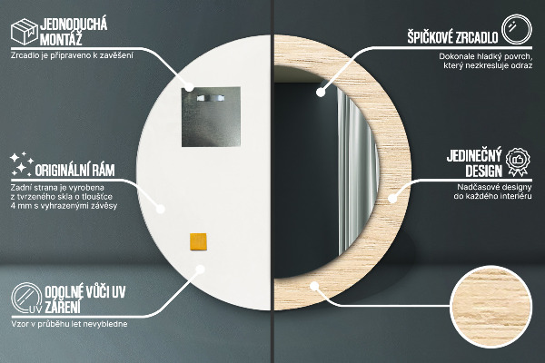 Bedrukte ronde spiegel Licht hout