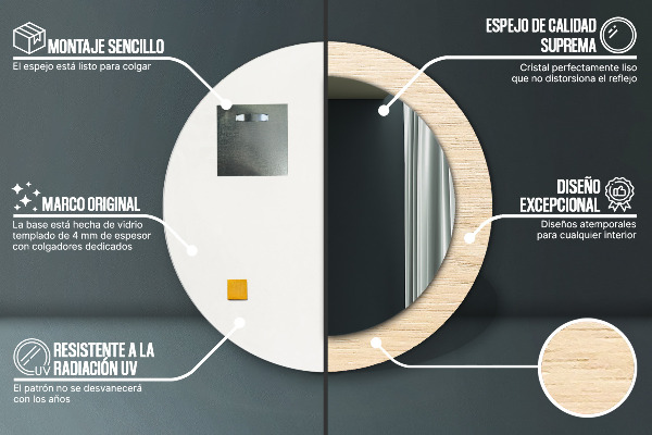 Bedrukte ronde spiegel Licht hout