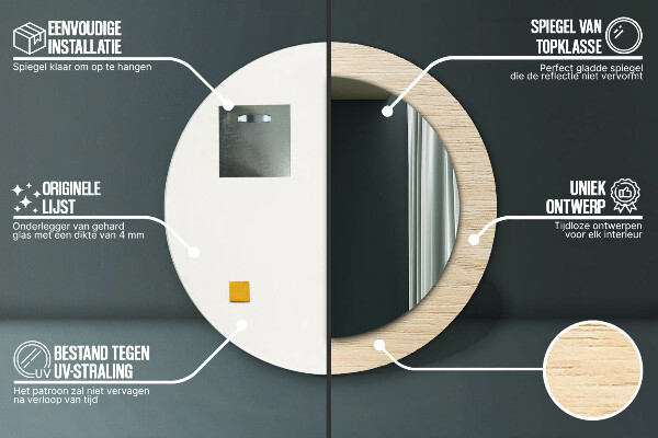 Bedrukte ronde spiegel Licht hout
