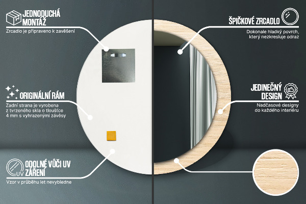 Bedrukte ronde spiegel Licht hout