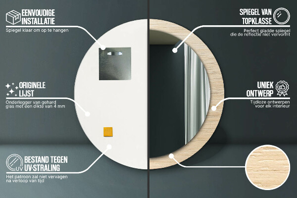 Bedrukte ronde spiegel Licht hout