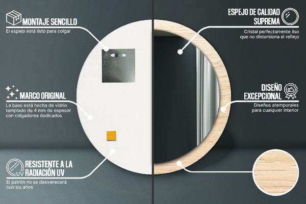 Bedrukte ronde spiegel Licht hout