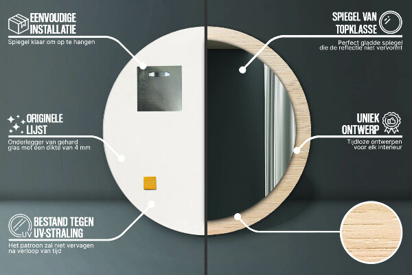 Bedrukte ronde spiegel Licht hout