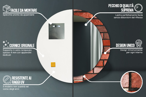 Ronde wandspiegel met print rode baksteen