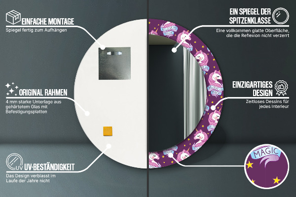 Bedrukte ronde spiegel Eenhoorn sterren