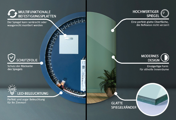 Ronde bijgesneden spiegel decoratief met led 84x100 cm