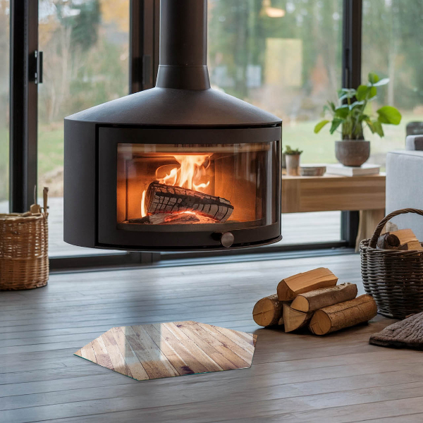 Zeshoekige plaat onder houtkachel Houten bord in de lay-out