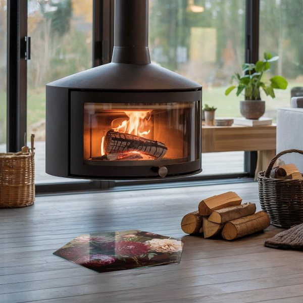 Zeshoekige plaat voor onder houtkachel Bloemenboeket in detail