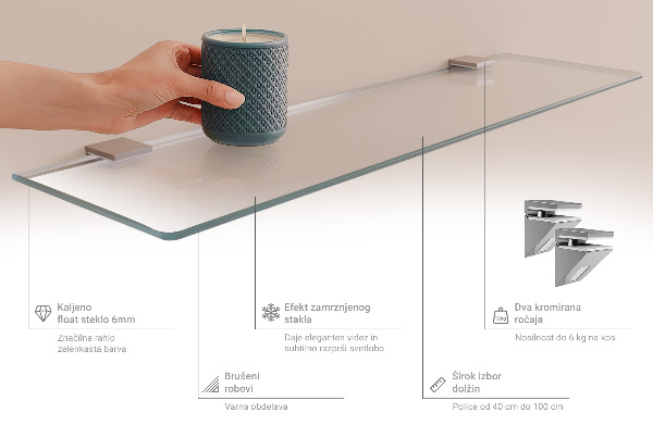 Semitransparante badkamerplanchet van gehard glas van 100x13 cm