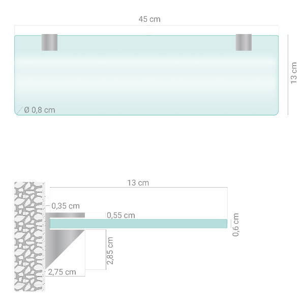 Semitransparante badkamerplanchet van gehard glas van 45 bij 13 cm