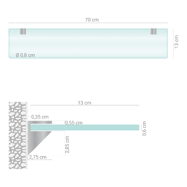 Semitransparante zwevende glazen wandplank van 70 bij 13 cm
