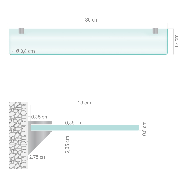 Semitransparante badkamerplanchet van gehard glas van 80 bij 13 cm
