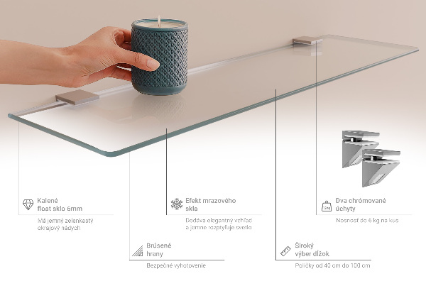 Semitransparante badkamerplanchet van gehard glas van 80 bij 13 cm