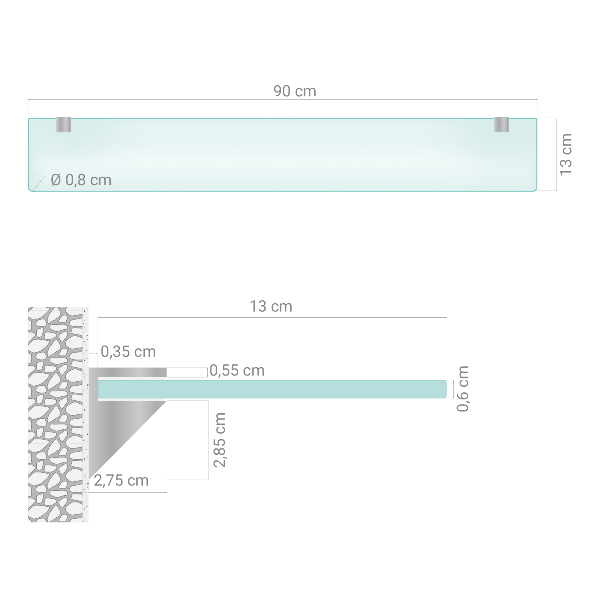 Semitransparante badkamerplanchet van gehard glas van 90x13 cm