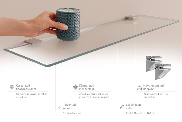 Semitransparante badkamerplanchet van gehard glas van 40x13 cm