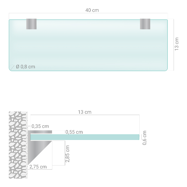 Semitransparante badkamerplanchet van gehard glas van 40x13 cm