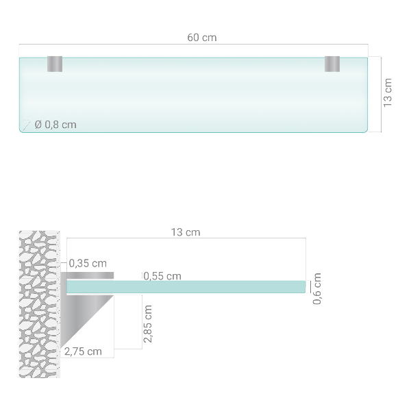 Semitransparante spiegelplanchet van glas van 60x13 cm