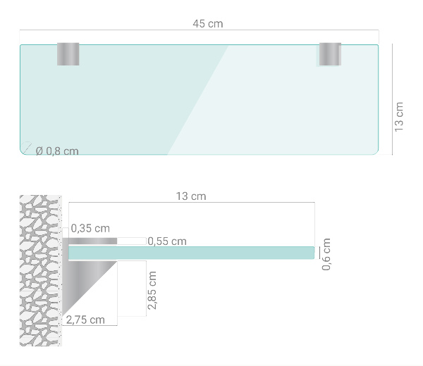 Glazen wandplank van gehard glas 45x13 cm