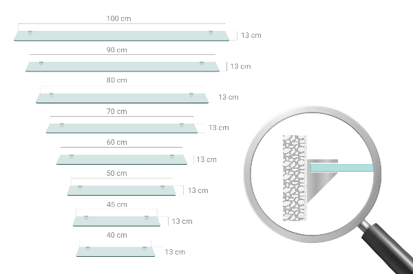 Glazen wandplank van gehard glas 45x13 cm