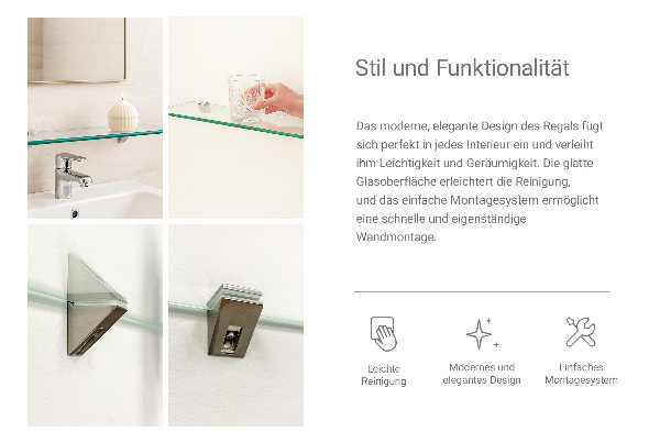 Rechthoekige glazen plank voor aan de muur 70x13 cm