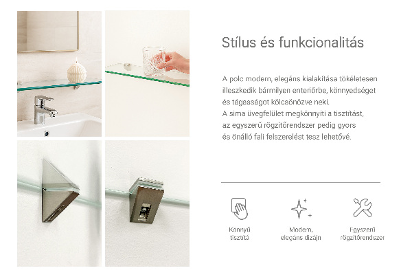 Rechthoekige glazen plank voor aan de muur 70x13 cm