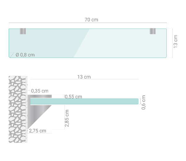 Rechthoekige glazen plank voor aan de muur 70x13 cm