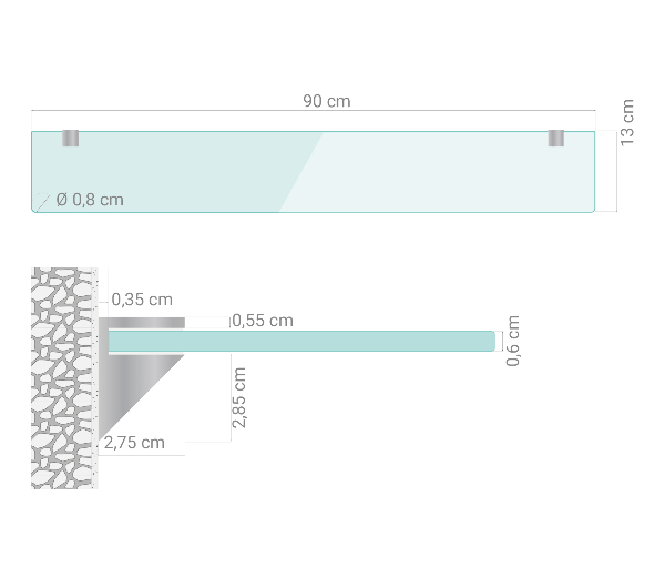 Glazen legplank voor de badkamer 90x13 cm