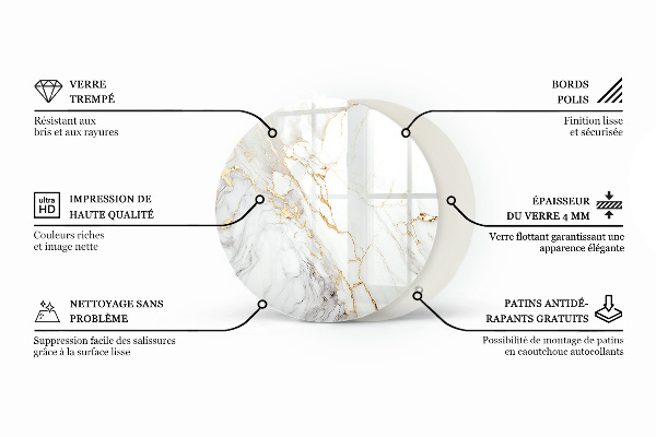 Ronde glazen tafelblad Marmeraders in het ontwerp